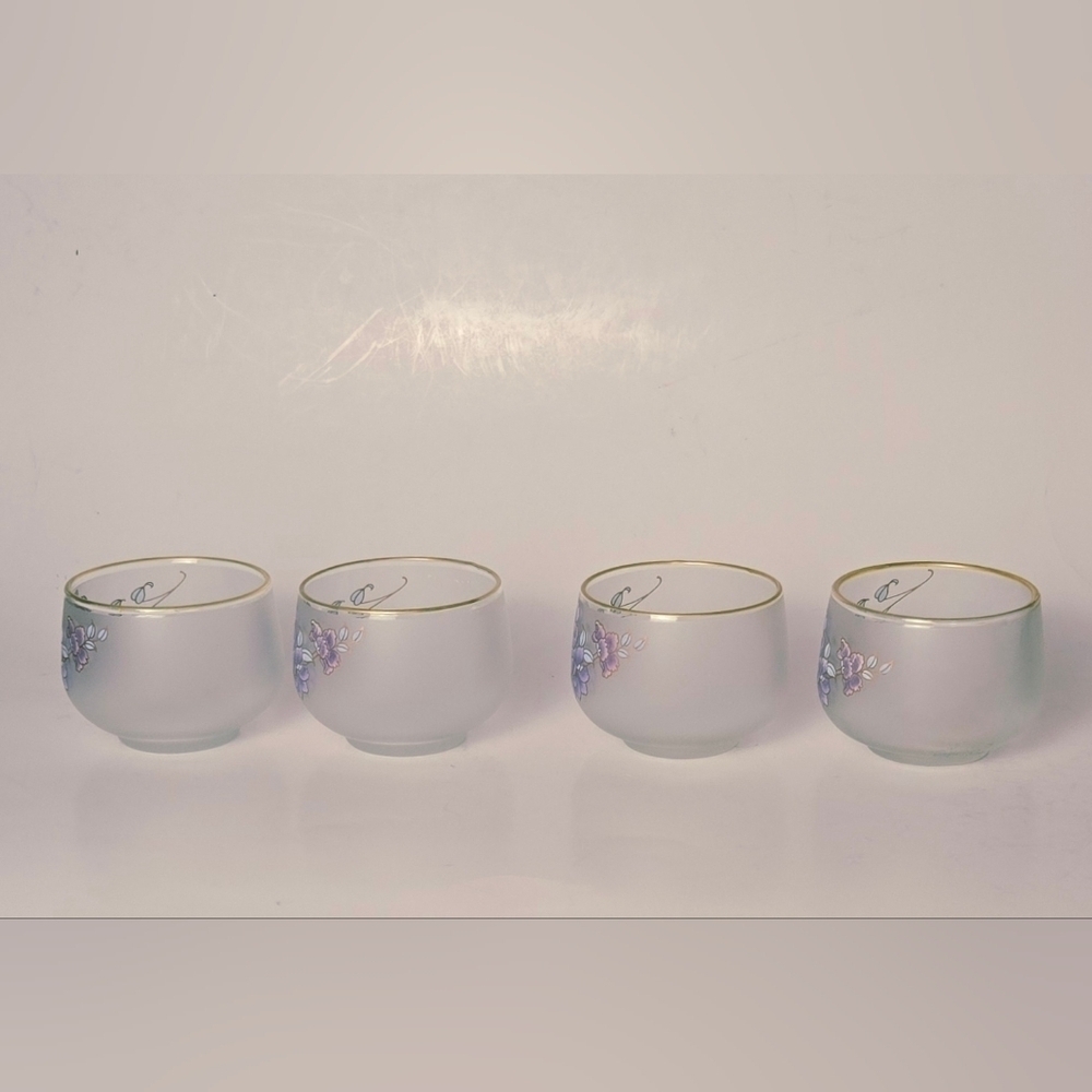 Vintage Frosted Floral Glasses Gold Rim Purple Flowers Set of 4 - Picture 6 of 8